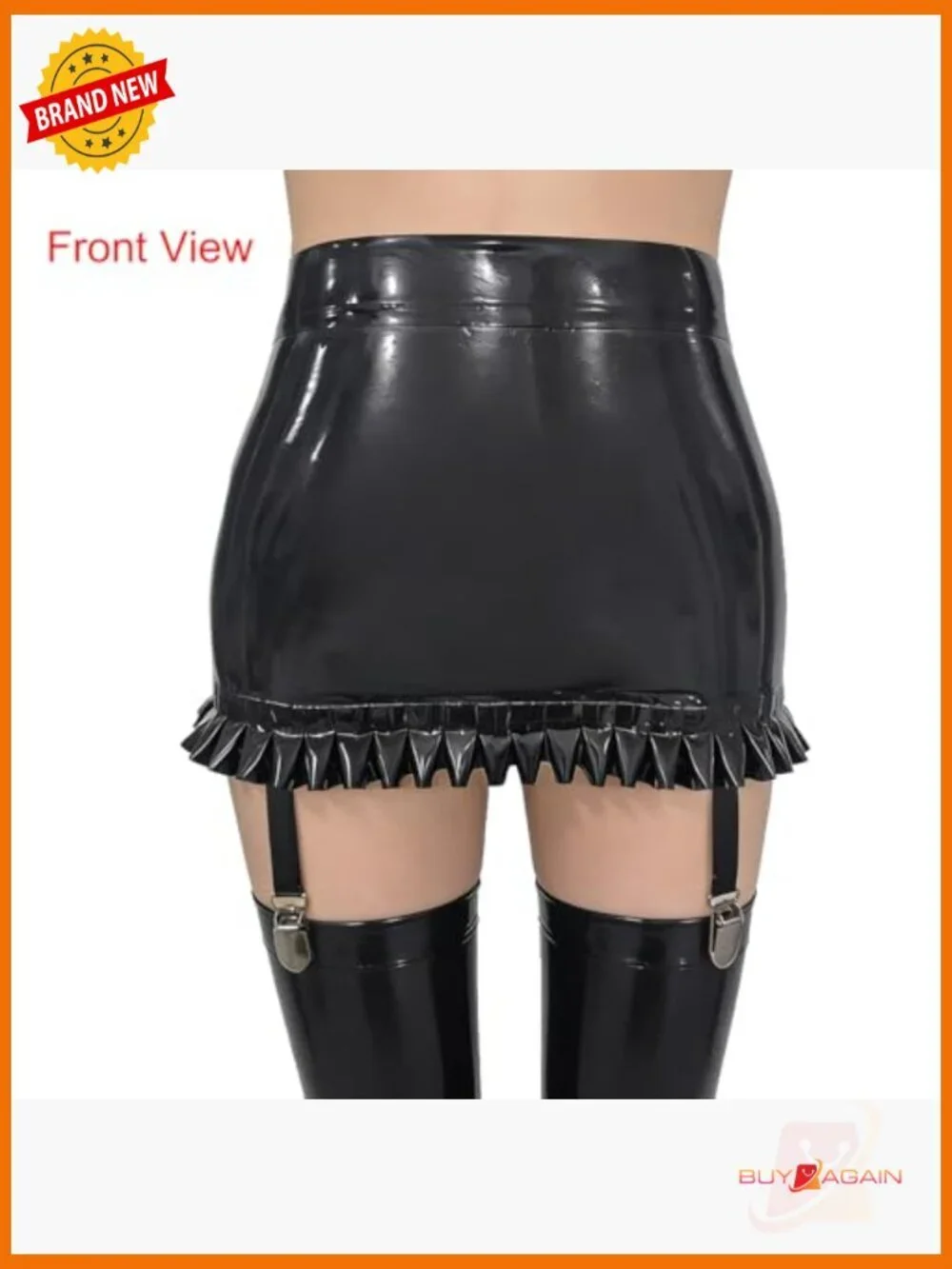 Latex Rubber Mini Skirt with Garter Belts, 4 Straps, Pull-On Closure